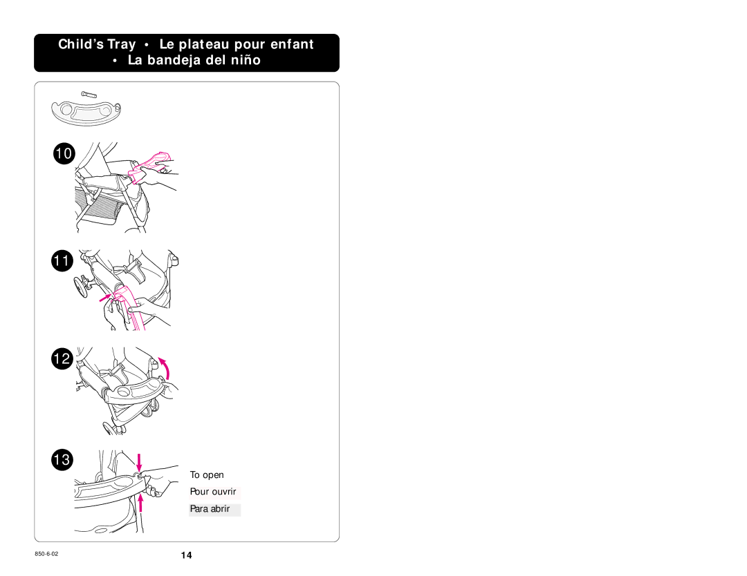 Graco 850-6-02 manual Child’s Tray Le plateau pour enfant La bandeja del niño 