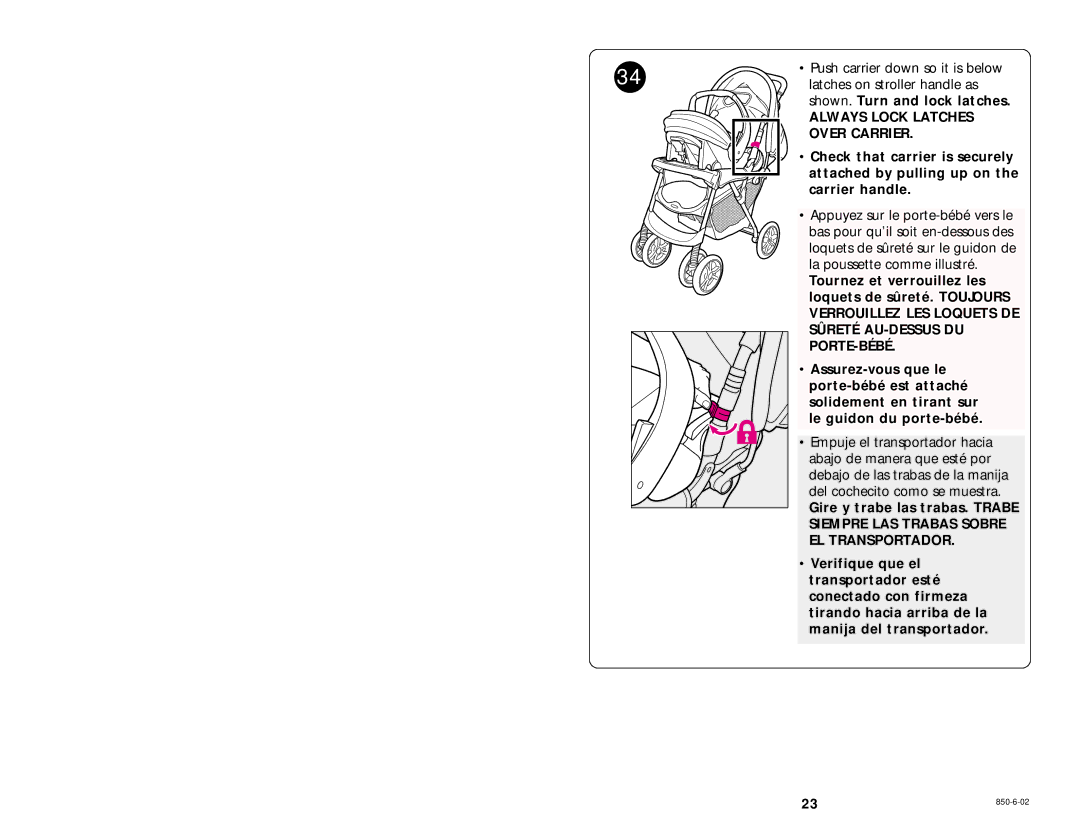 Graco 850-6-02 manual Always Lock Latches, Over Carrier, Siempre LAS Trabas Sobre EL Transportador 