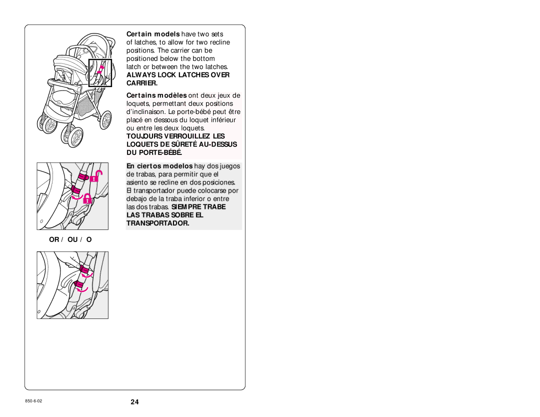 Graco 850-6-02 manual Always Lock Latches Over Carrier, LAS Trabas Sobre EL Transportador 