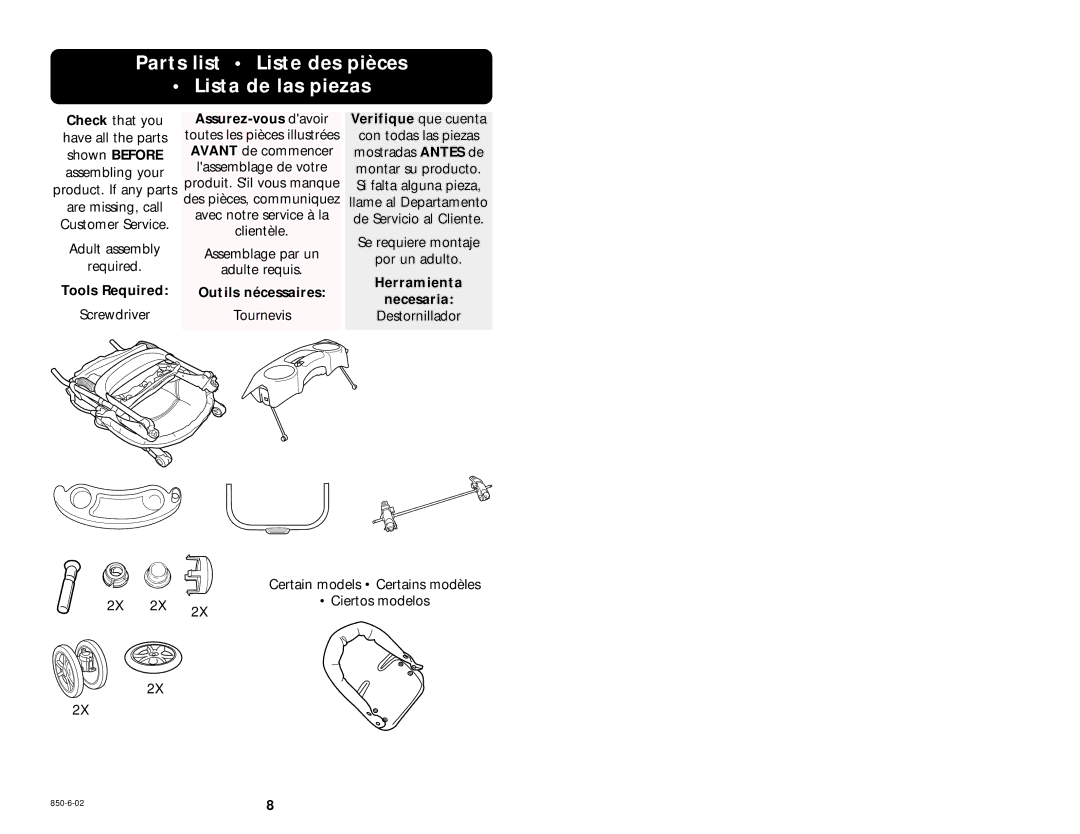 Graco 850-6-02 manual Parts list Liste des pièces Lista de las piezas, Assurez-vous davoir 