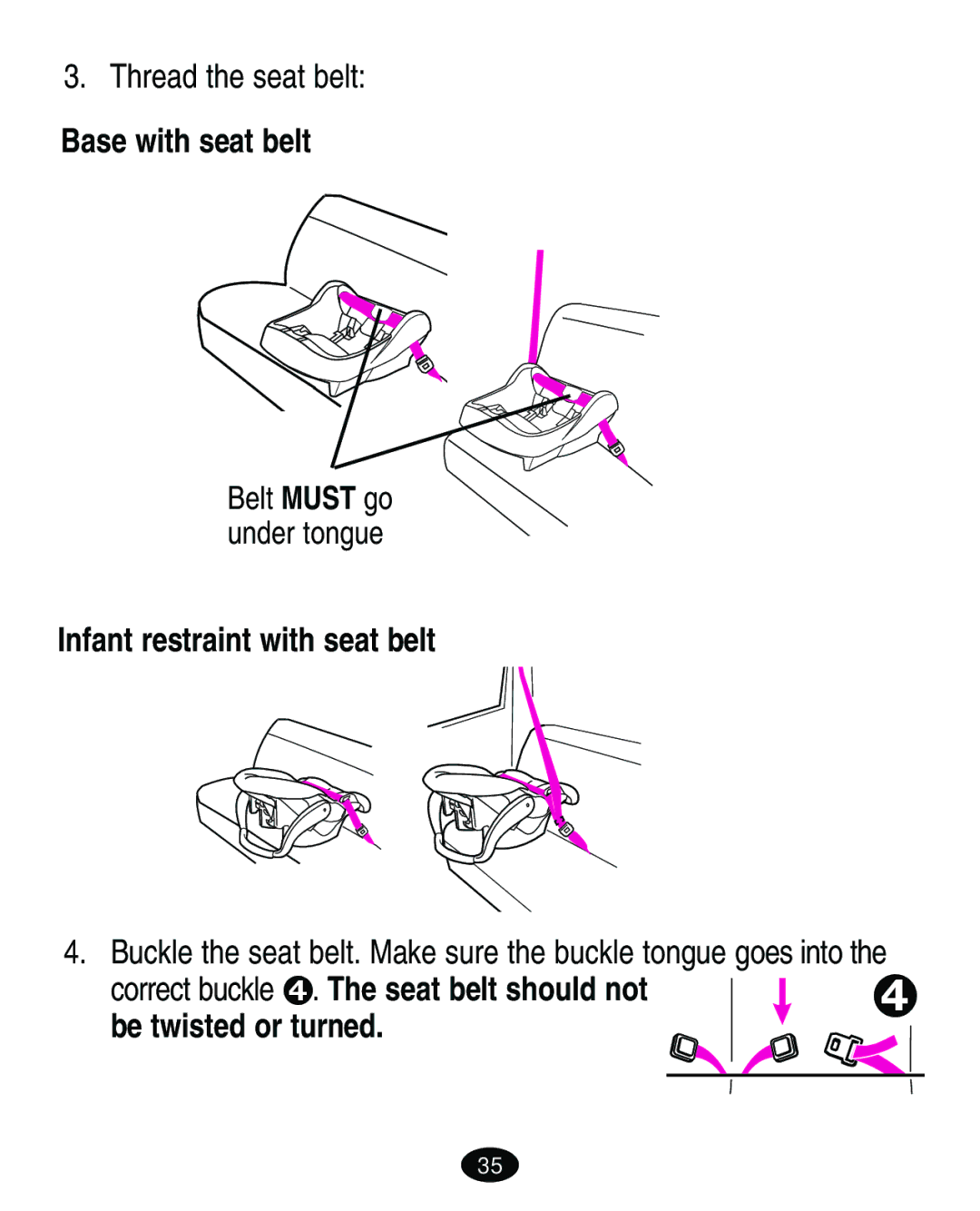 Graco 8603COR manual Thread the seat belt, Base with seat belt, Infant restraint with seat belt, Be twisted or turned 