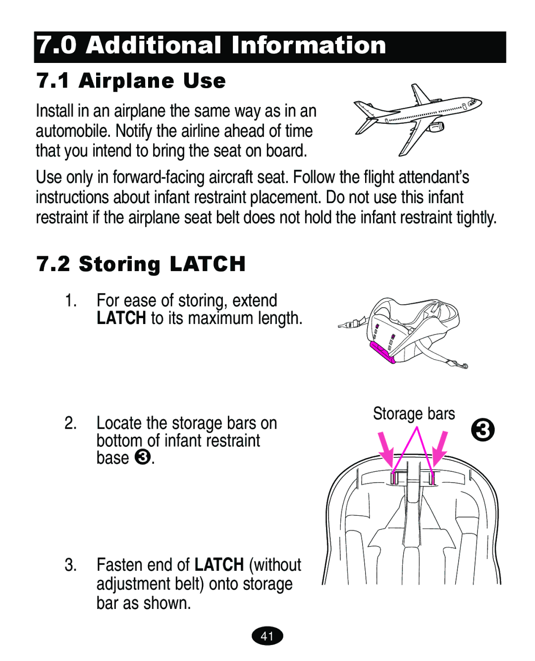 Graco 8603COR manual Additional Information, Airplane Use, Storing Latch, Locate the storage bars on 