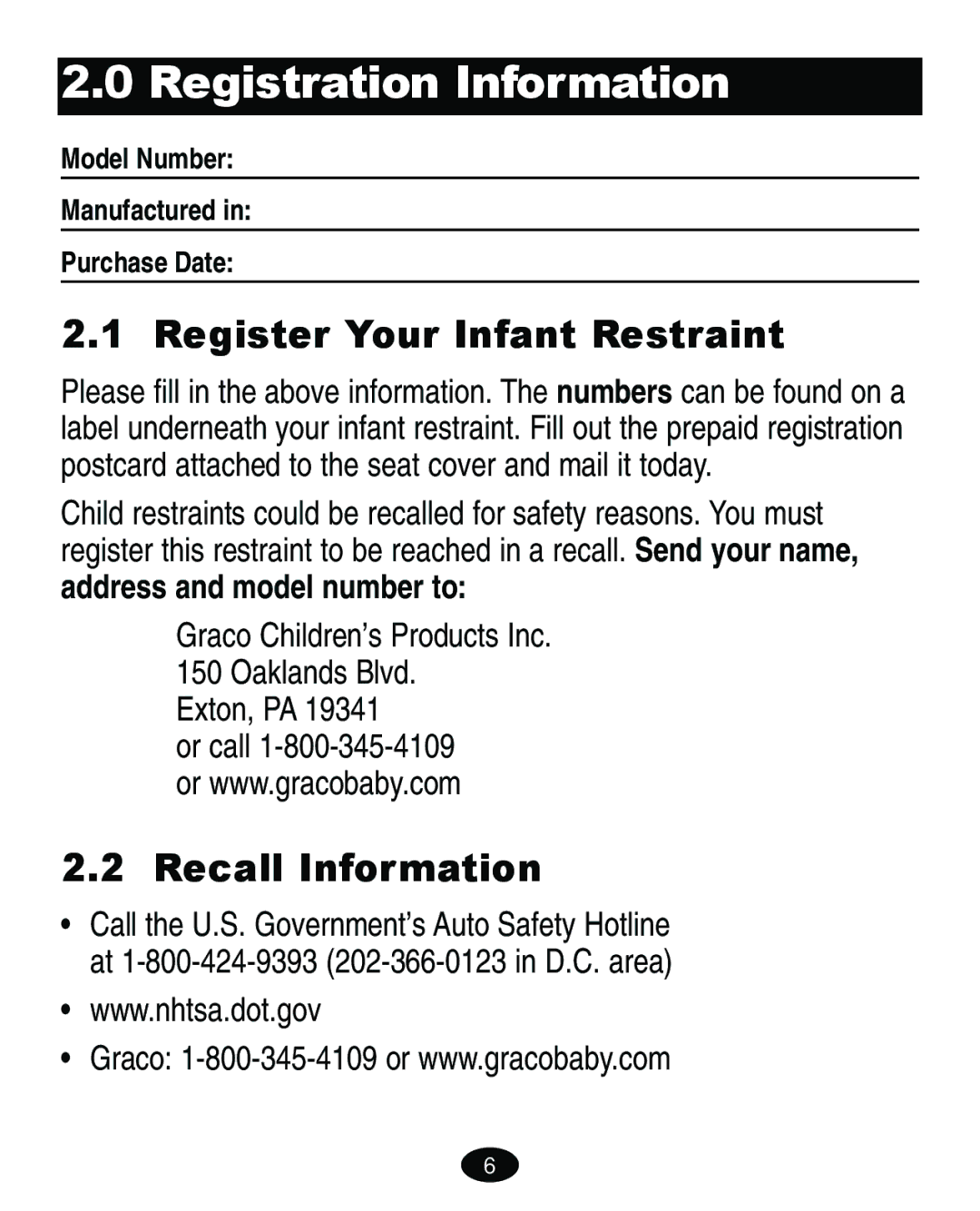 Graco 8603COR manual Registration Information, Register Your Infant Restraint, Recall Information, Exton, PA 