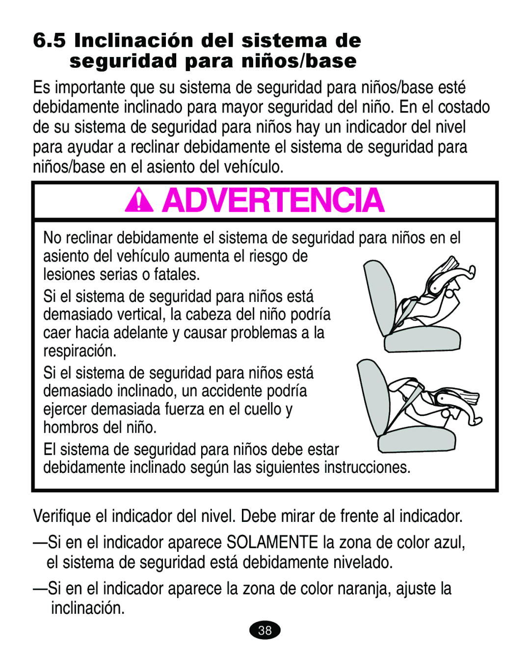 Graco 8603COR manual Inclinación del sistema de seguridad para niños/base 