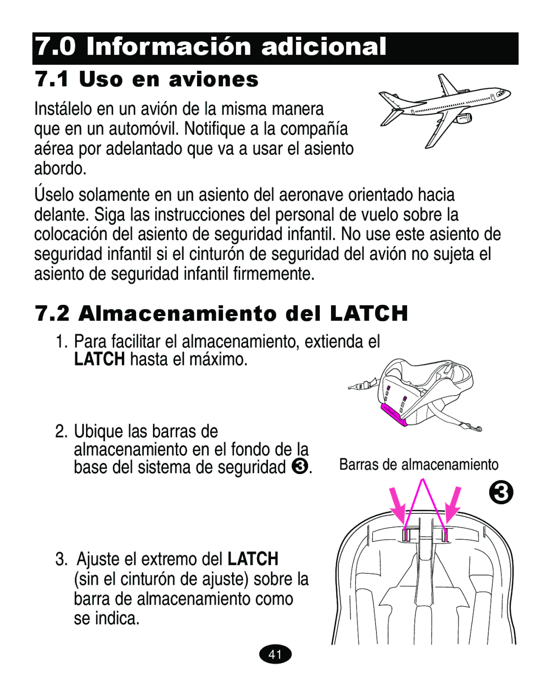 Graco 8603COR manual Información adicional, Uso en aviones, Almacenamiento del Latch 