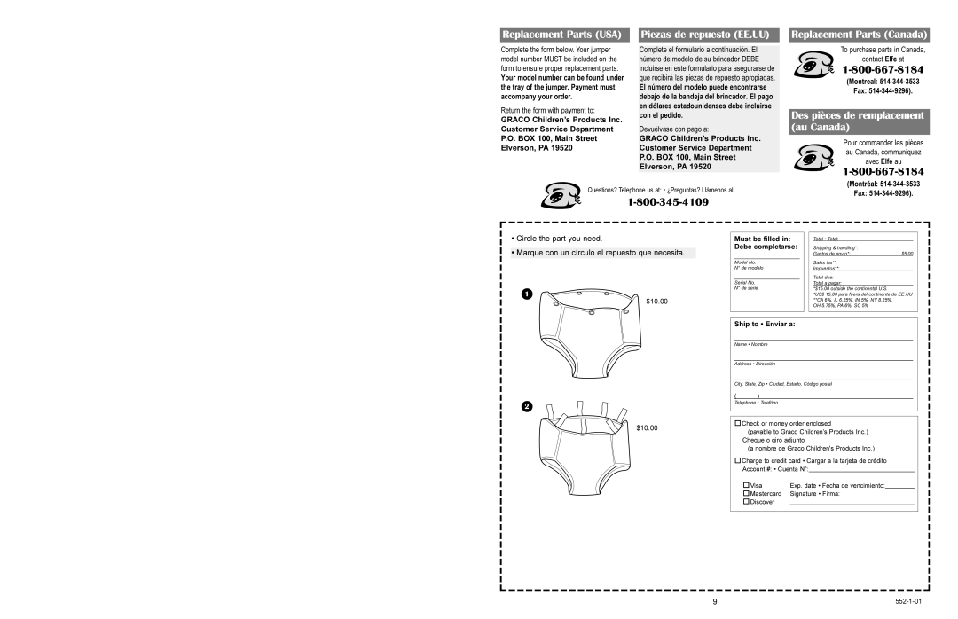 Graco 8740, 8750 owner manual Des pièces de remplacement au Canada, $10.00 Must be filled in Debe completarse 