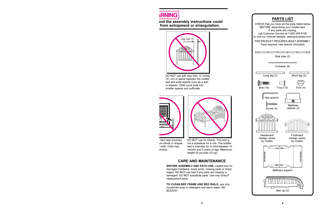 Graco 8824 manual Care and Maintenance 