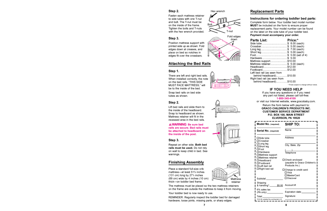 Graco 8824 Replacement Parts, Attaching the Bed Rails, Finishing Assembly, Instructions for ordering toddler bed parts 