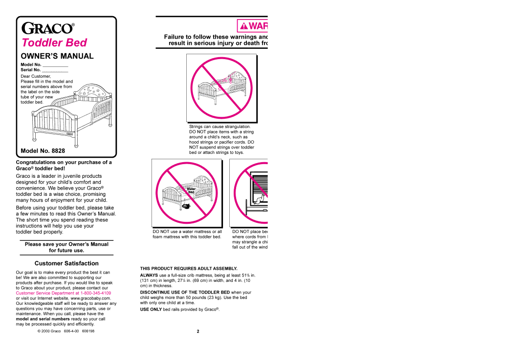 Graco 8828 manual Model No, Customer Satisfaction, Congratulations on your purchase of a Graco toddler bed, For future use 