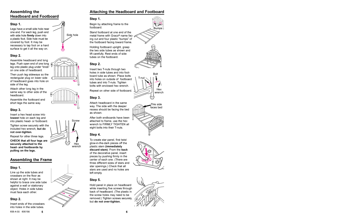 Graco 8828 manual Assembling Headboard and Footboard, Assembling the Frame, Attaching the Headboard and Footboard, Step 