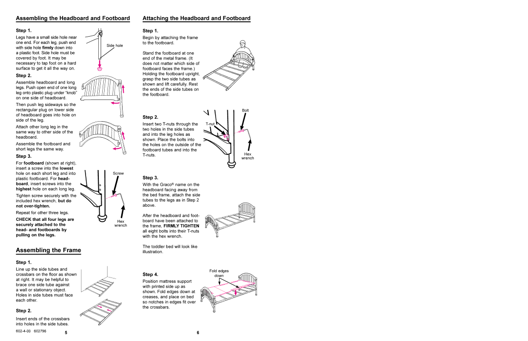 Graco 8833 manual Assembling the Frame, Assembling the Headboard and Footboard, Attaching the Headboard and Footboard 