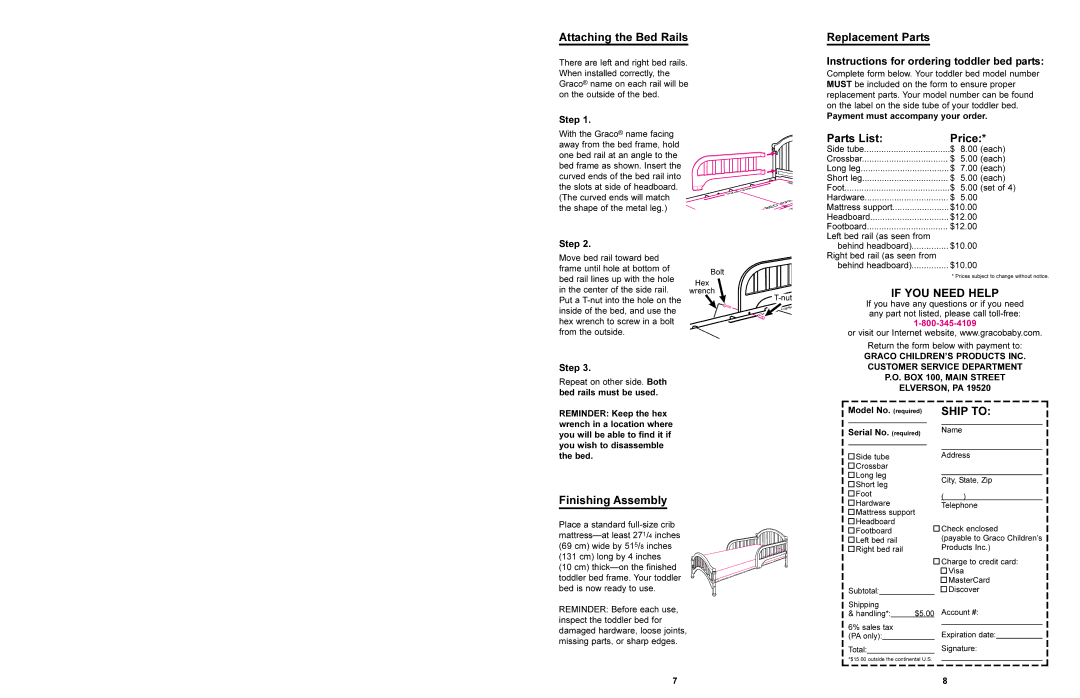 Graco 8833 manual Attaching the Bed Rails, Finishing Assembly, Replacement Parts, Parts List Price 