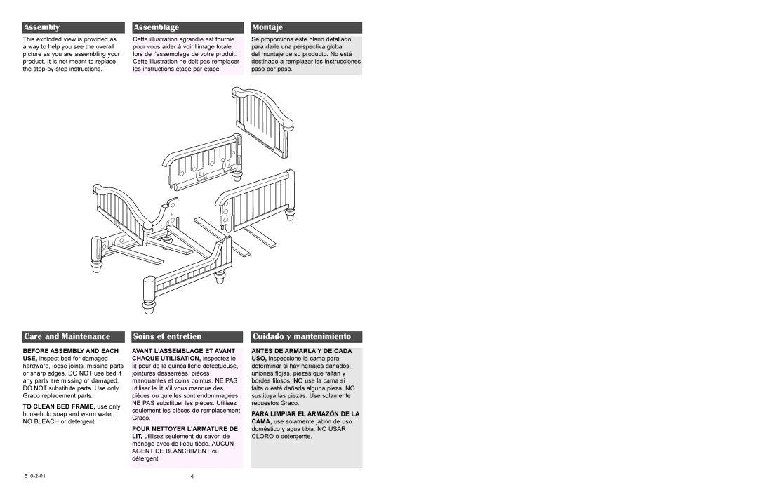 Graco 8840 manual Assembly, Care and Maintenance Assemblage, Soins et entretien Montaje, Cuidado y mantenimiento 