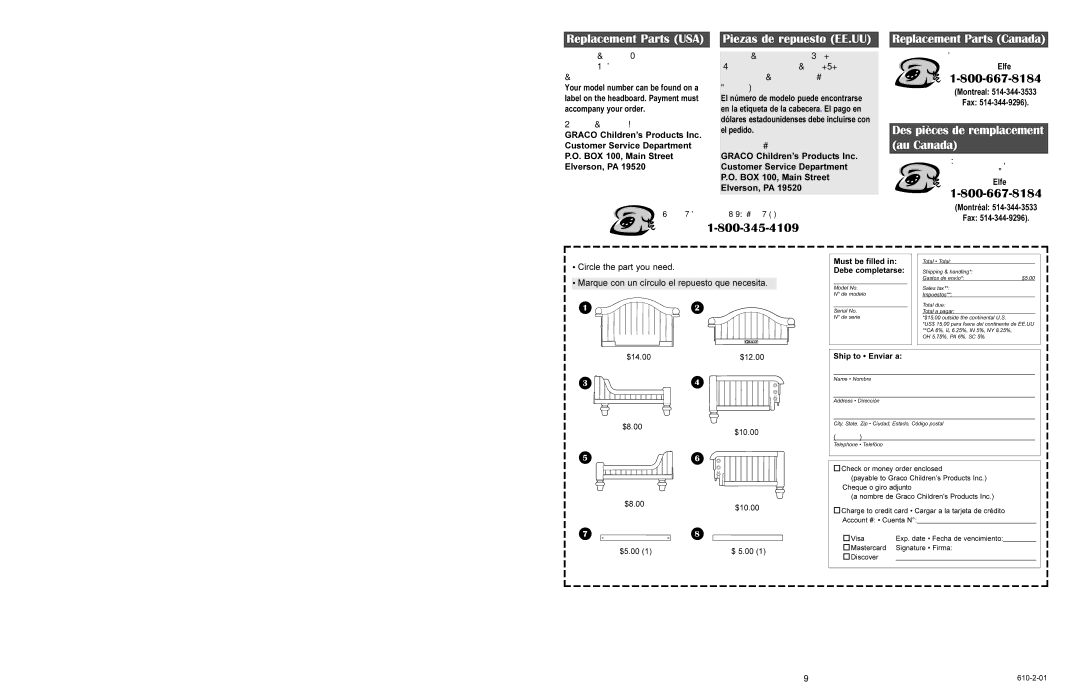 Graco 8840 manual Des pièces de remplacement au Canada, Must be filled in Debe completarse 