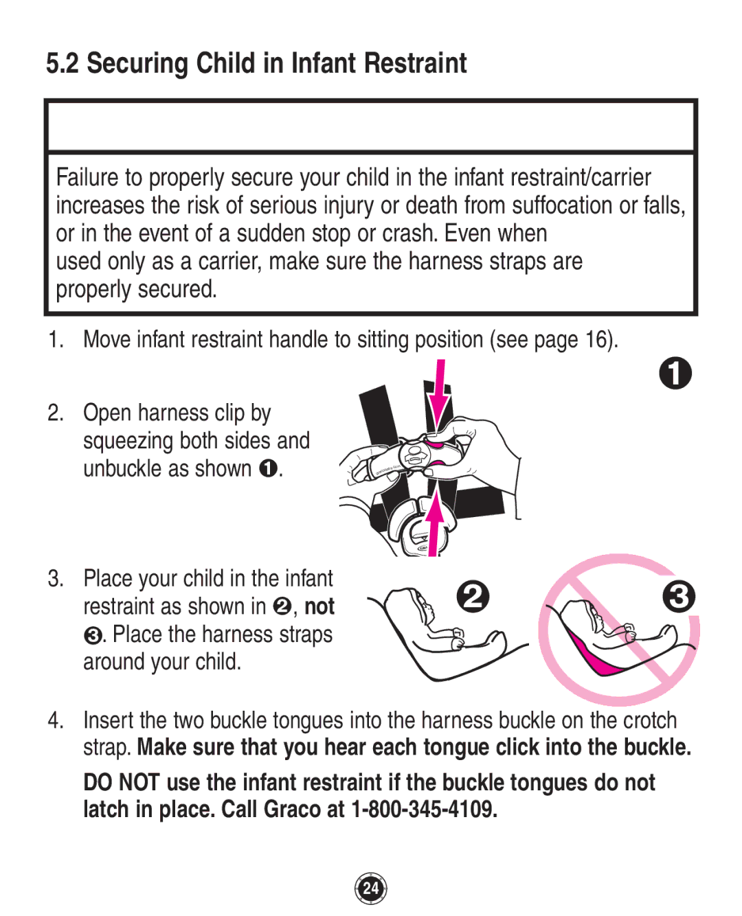 Graco 8A12BKR owner manual Securing Child in Infant Restraint 