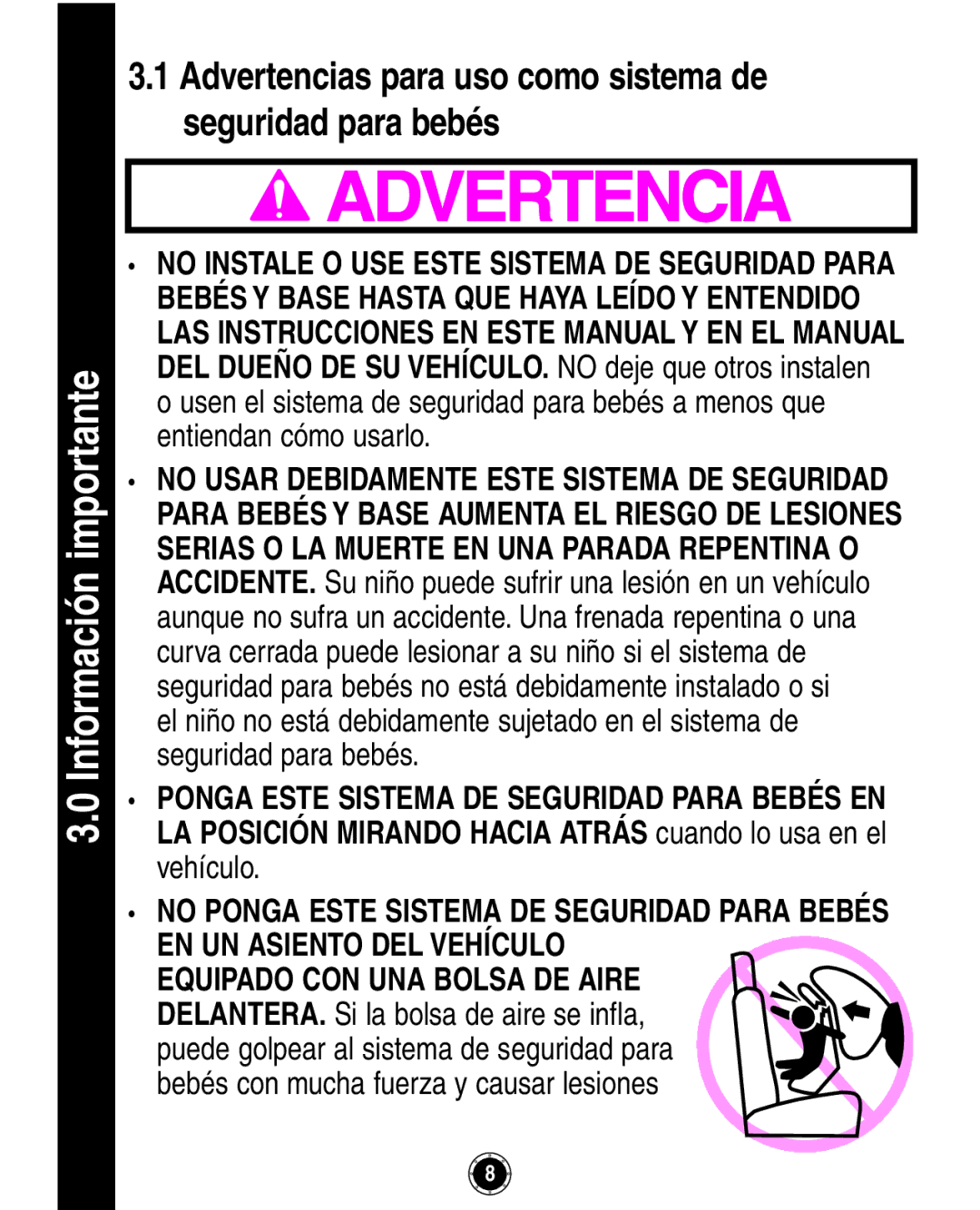 Graco 8A12BKR owner manual Información importante, Advertencias para uso como sistema de seguridad para bebés 