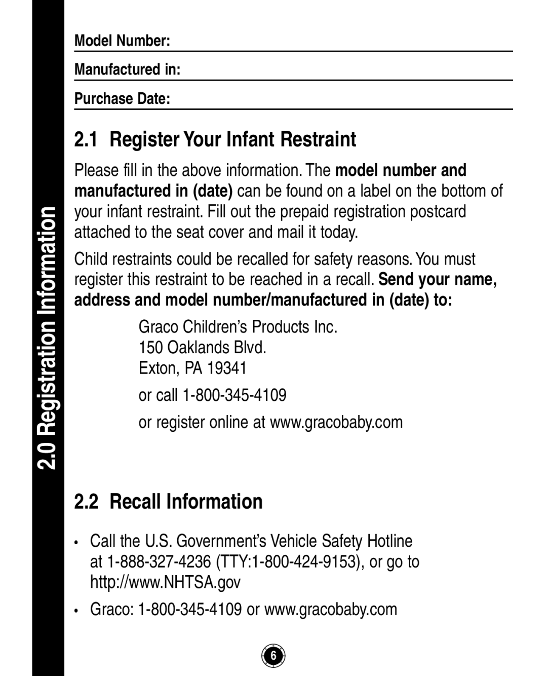 Graco 8A12BKR Registration Information, Register Your Infant Restraint, Recall Information, Graco ChildrenÊs Products Inc 