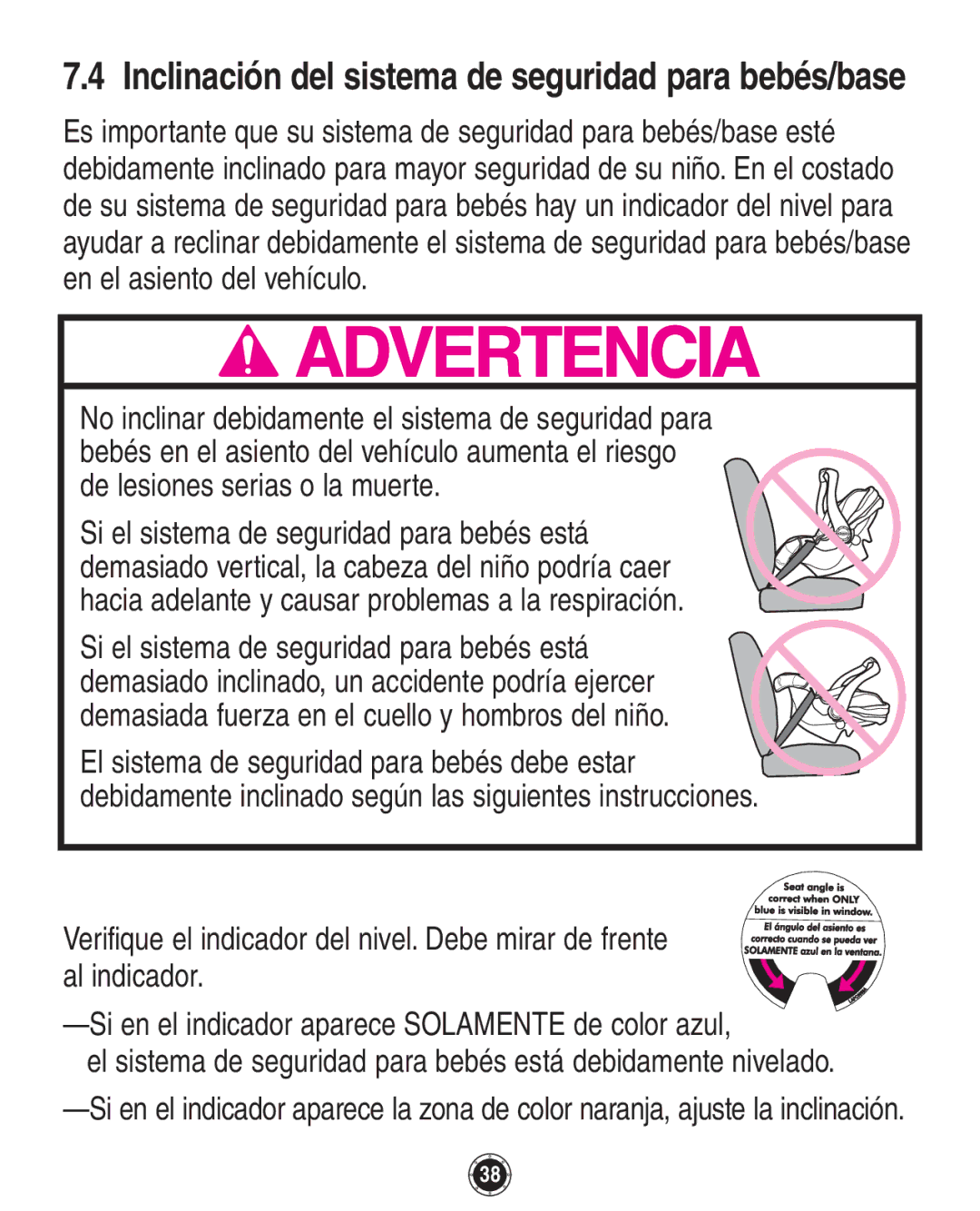 Graco 8A12BKR owner manual Inclinación del sistema de seguridad para bebés/base, De lesiones serias o la muert e 