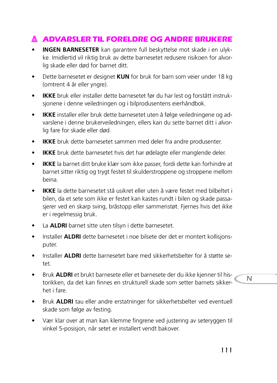 Graco 8H98 owner manual Advarsler til foreldre og andre brukere, 111 