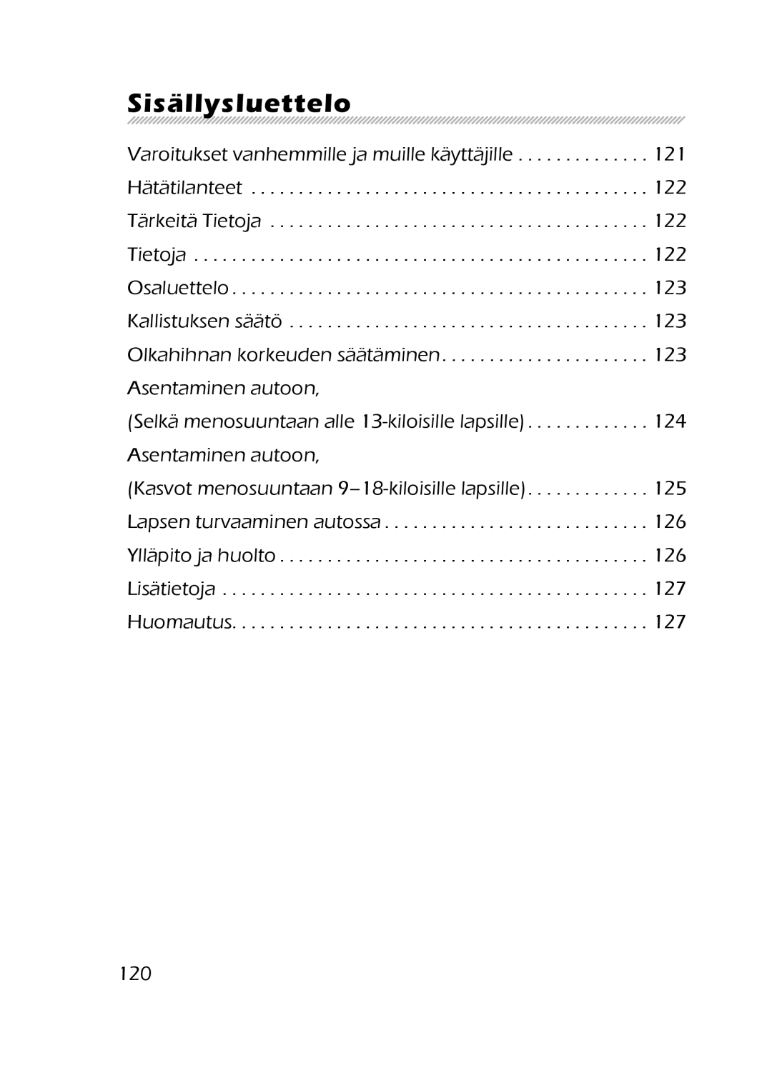 Graco 8H98 owner manual Sisällysluettelo, 120 