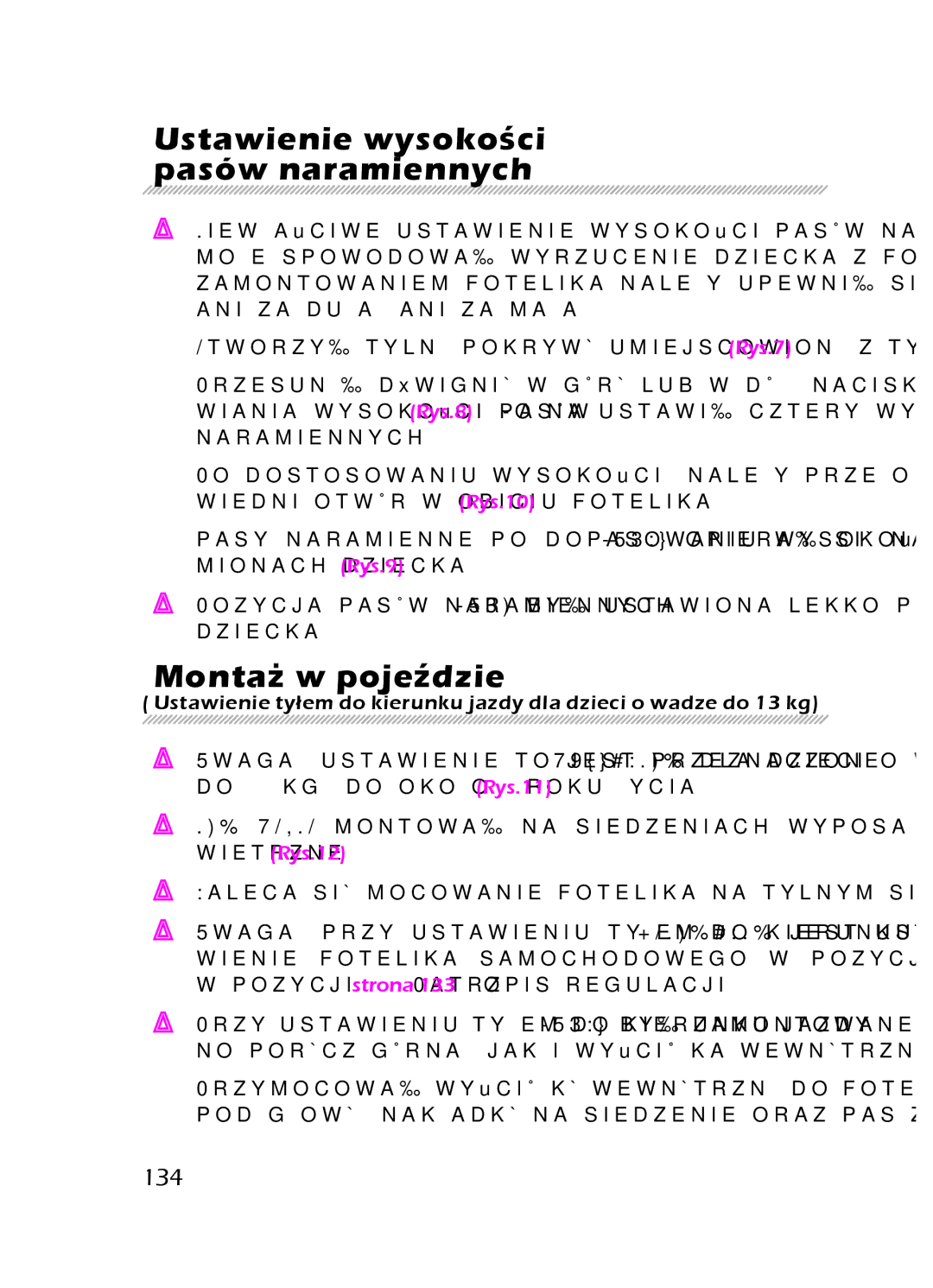 Graco 8H98 owner manual Ustawienie wysokości pasów naramiennych, Montaż w pojeździe, 134 