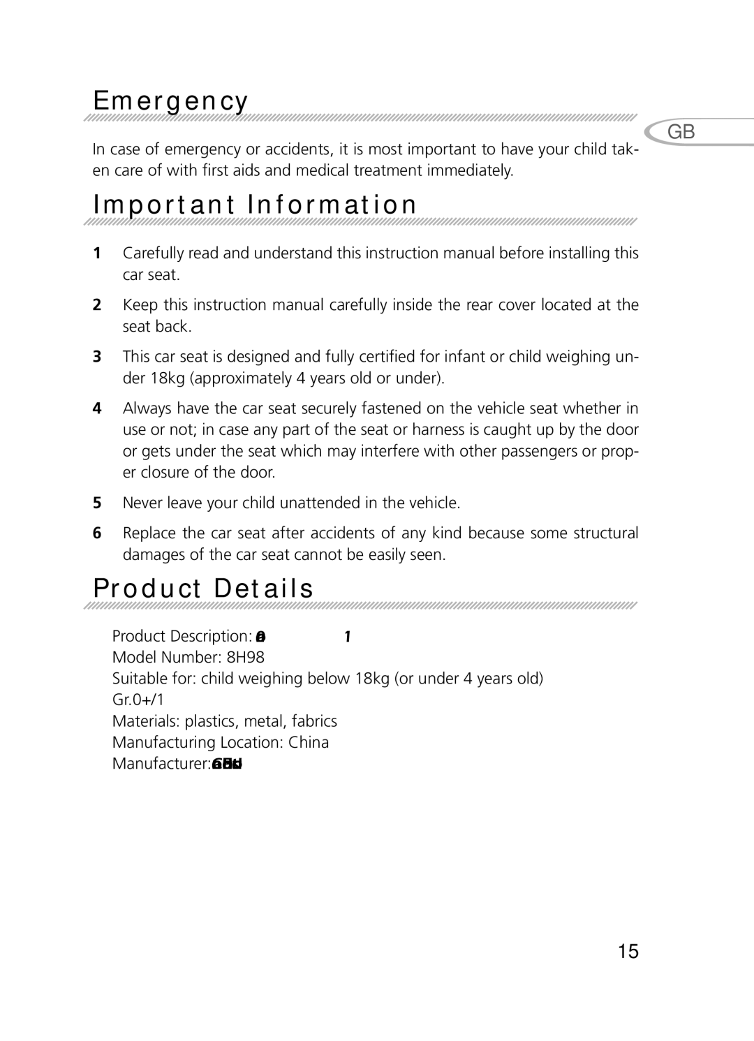 Graco 8H98 owner manual Emergency, Important Information, Product Details 