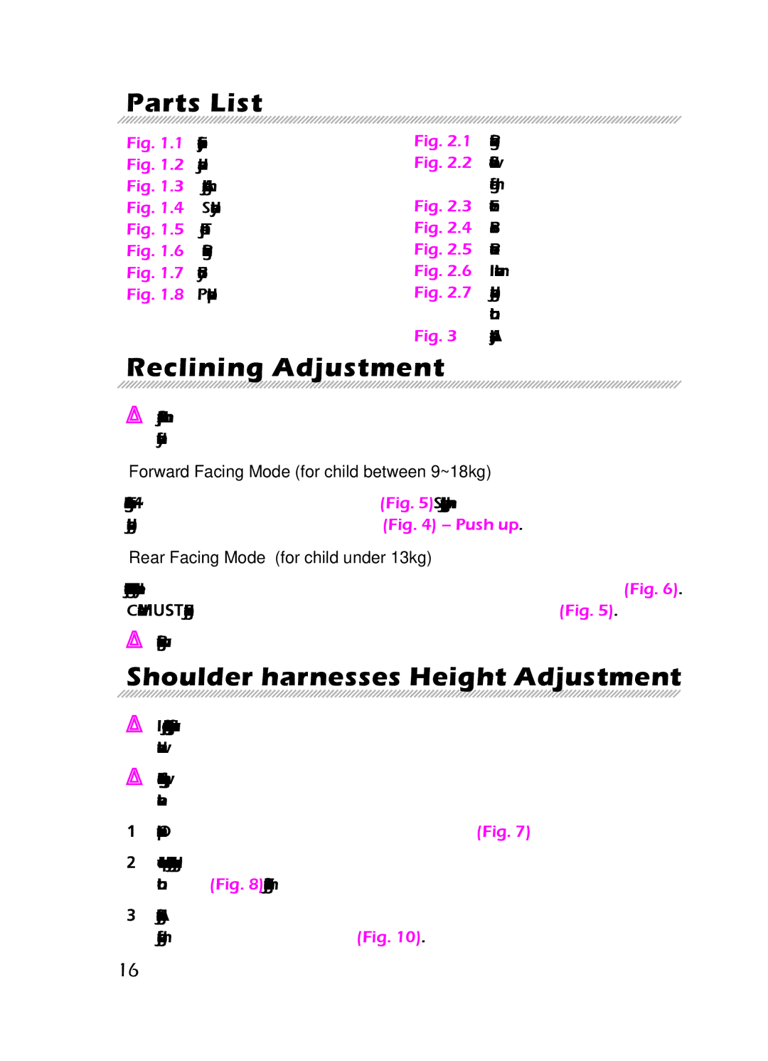 Graco 8H98 owner manual Parts List, Reclining Adjustment, Shoulder harnesses Height Adjustment 