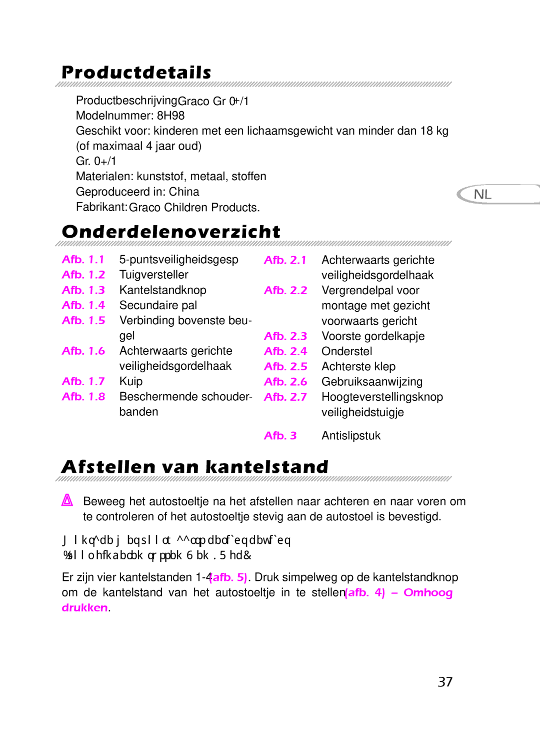 Graco 8H98 owner manual Productdetails, Onderdelenoverzicht, Afstellen van kantelstand 