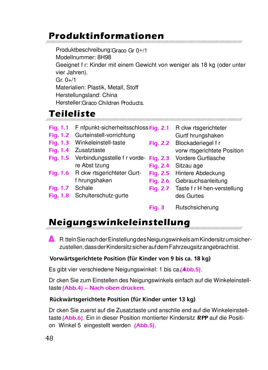 Graco 8H98 owner manual Produktinformationen, Teileliste, Neigungswinkeleinstellung 