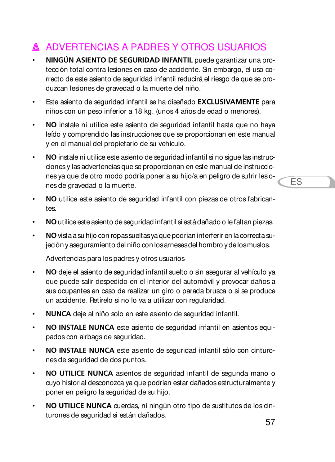 Graco 8H98 owner manual Advertencias a padres y otros usuarios 