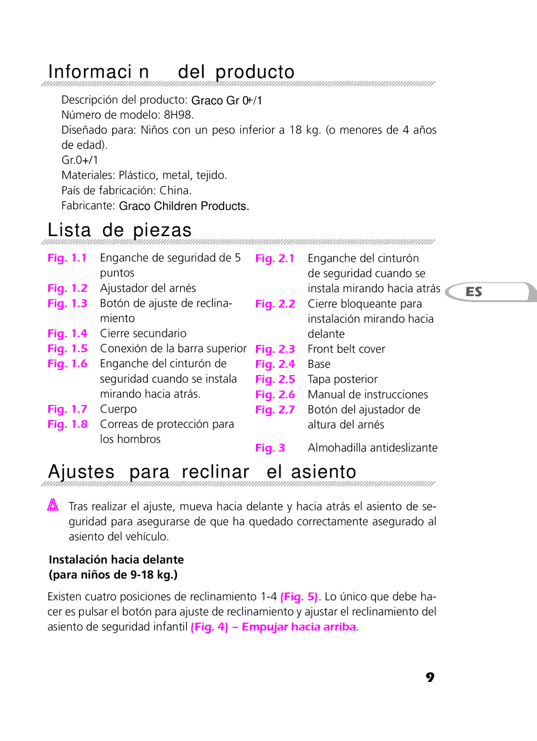 Graco 8H98 owner manual Información del producto, Lista de piezas, Ajustes para reclinar el asiento 