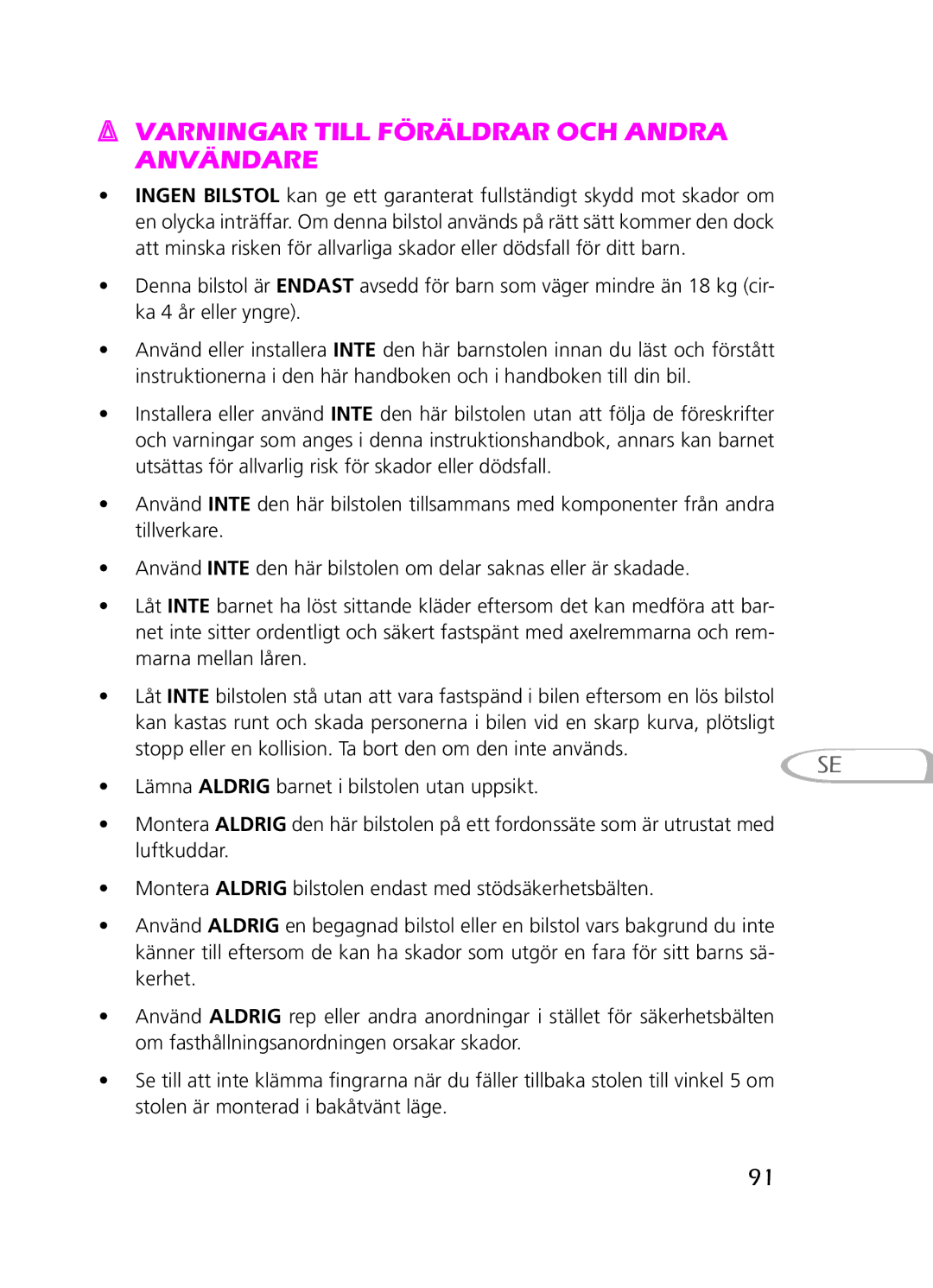 Graco 8H98 owner manual Varningar till föräldrar och andra användare 