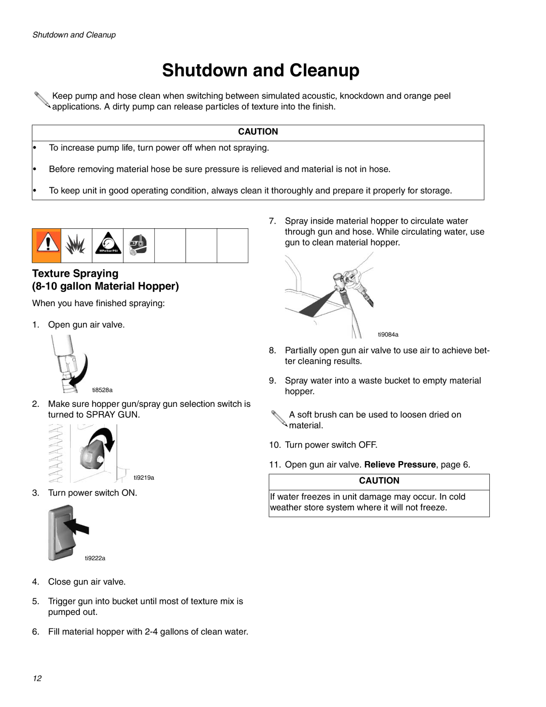 Graco 900, 1250 important safety instructions Shutdown and Cleanup, Texture Spraying Gallon Material Hopper 