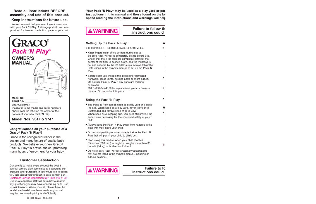 Graco 9747 manual Read all instructions Before, Model Nos, Customer Satisfaction, Failure to follow th, Instructions could 