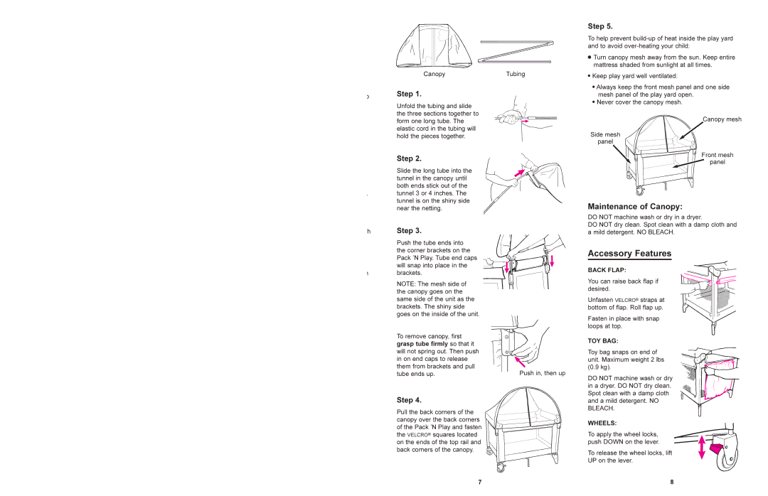 Graco 9047, 9747 manual Accessory Features, Maintenance of Canopy, Back Flap, Toy Bag, Wheels 