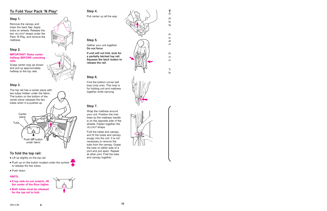 Graco 9747, 9047 manual To Fold Your Pack ’N Play, To fold the top rail 