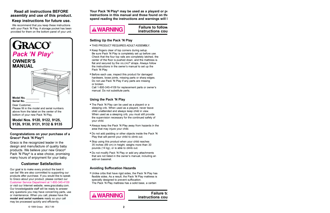 Graco 9120 manual Read all instructions Before, Customer Satisfaction, Model Nos , 9122, 9125, 9126, 9130, 9131, 9132 