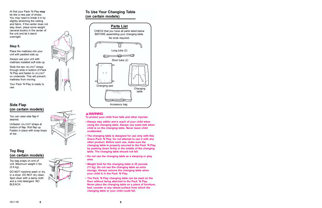 Graco 9135 Side Flap On certain models, Toy Bag On certain models, To Use Your Changing Table on certain models Parts List 