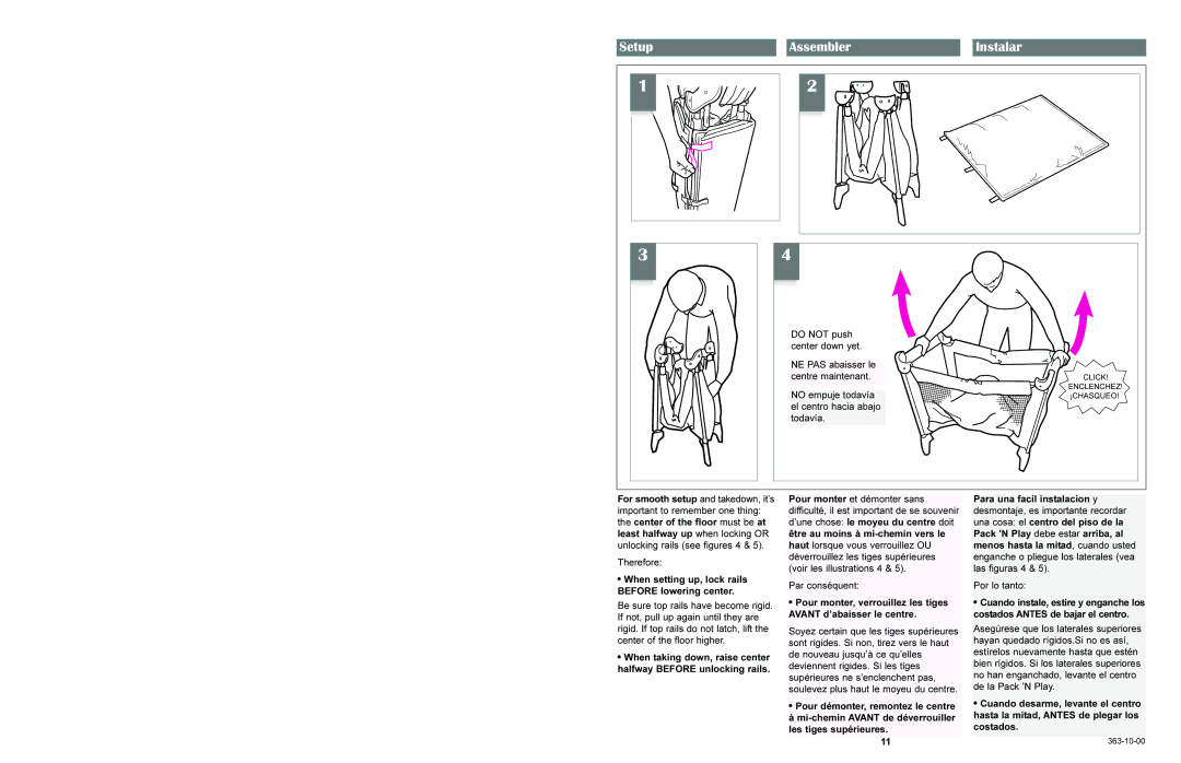 Graco 9120, 9123 manual Assembler Instalar, When setting up, lock rails Before lowering center 