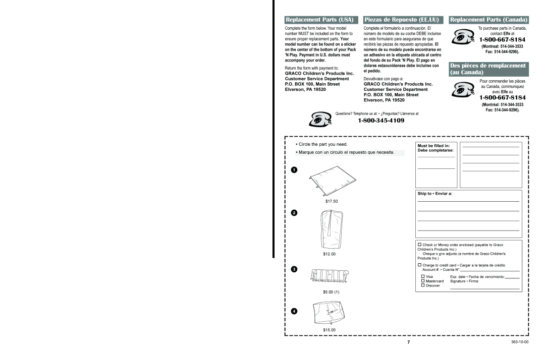 Graco 9120, 9123 manual Replacement Parts USA, Piezas de Repuesto EE.UU 