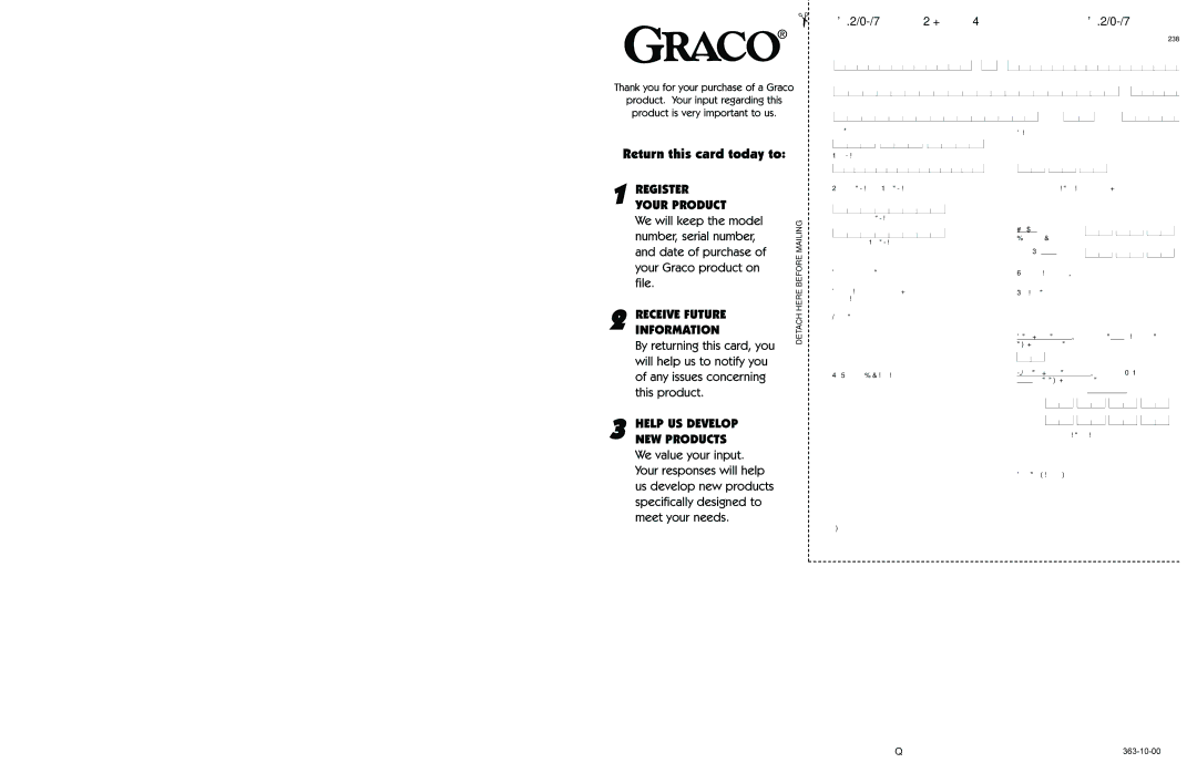 Graco 9120, 9123 manual Return this card today to, Product Registration Card 