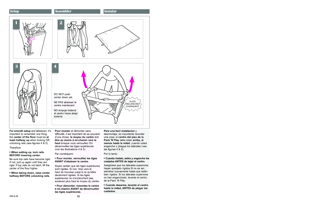 Graco 9261 manual Setup Assembler Instalar, When setting up, lock rails Before lowering center 