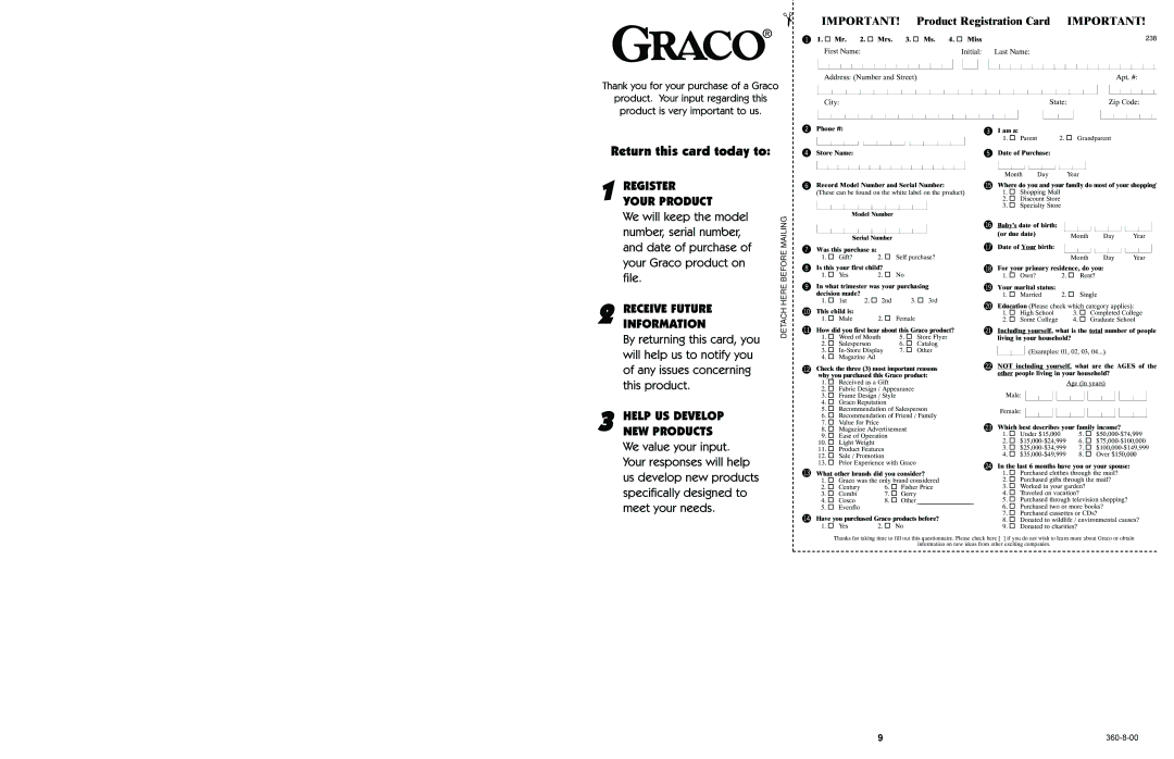 Graco 9261 manual Return this card today to, Product Registration Card 