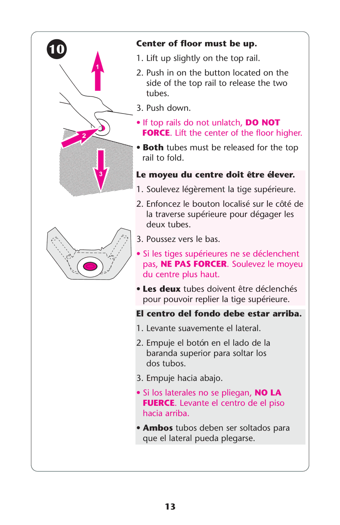 Graco 9342UNS Center of floor must be up, Le moyeu du centre doit être élever, El centro del fondo debe estar arriba 