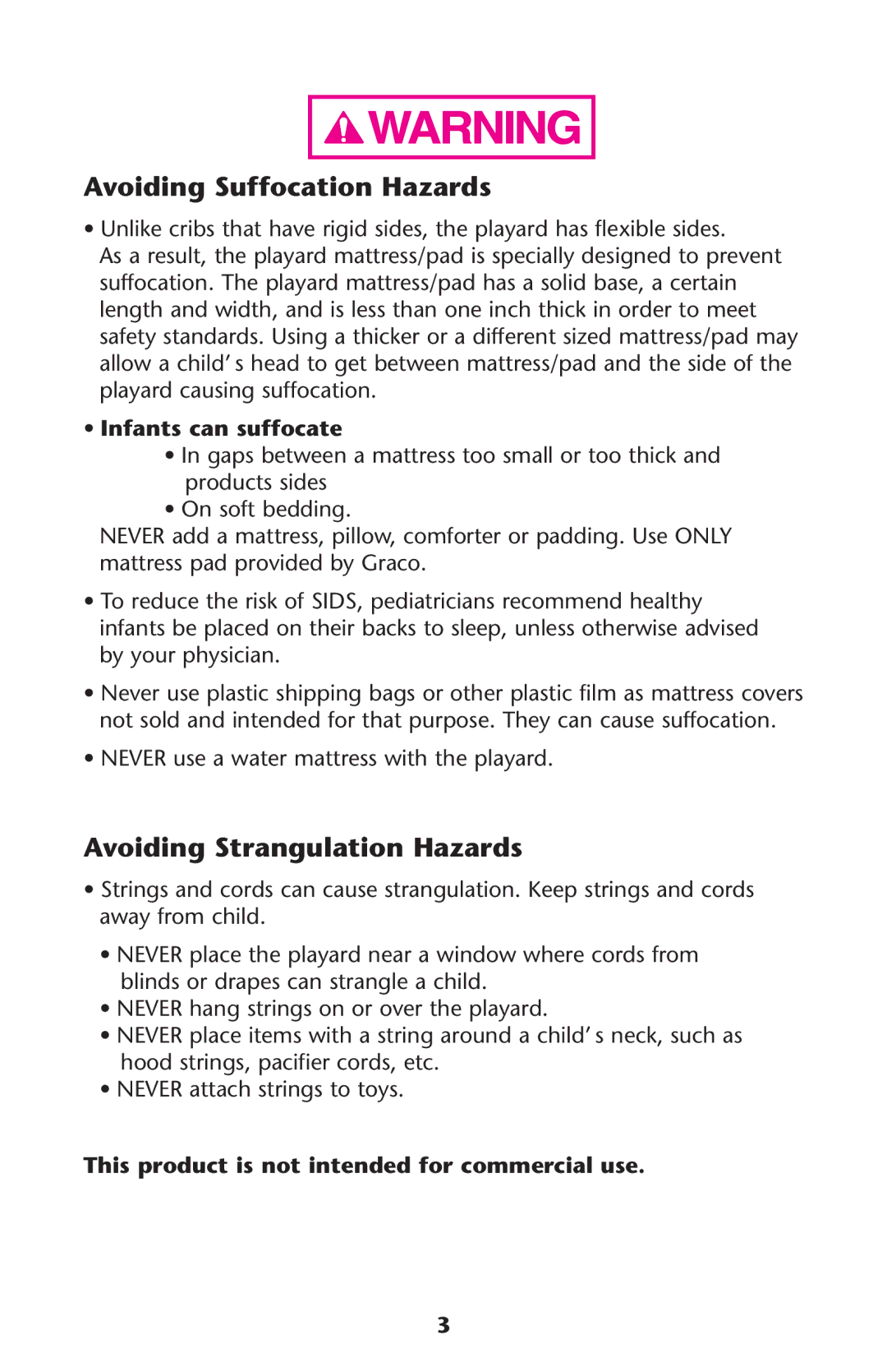 Graco 9351PWC, 9342UNS, 9351RSH Avoiding Suffocation Hazards, Avoiding Strangulation Hazards, Infants can suffocate 