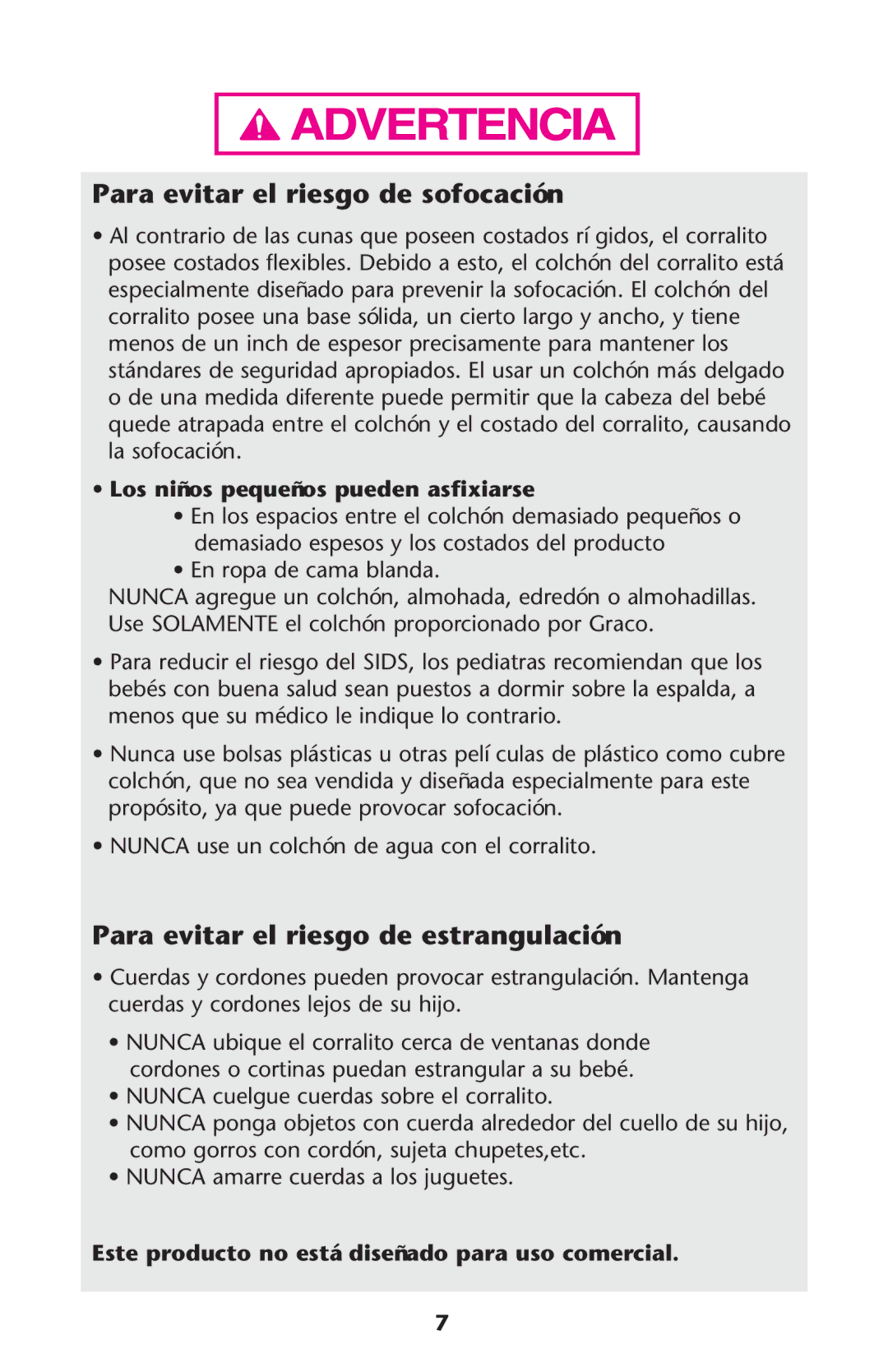 Graco 9342UNS, 9351PWC, 9351RSH owner manual Para evitar el riesgo de sofocación, Para evitar el riesgo de estrangulación 