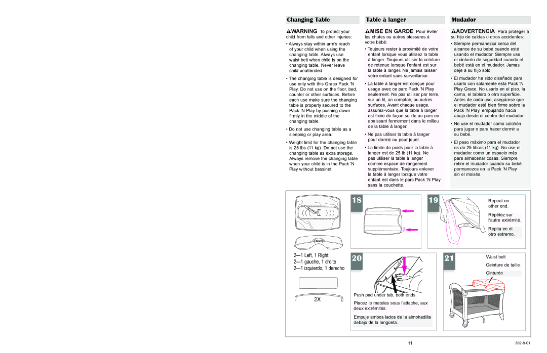 Graco 9500, 9400 owner manual Changing Table, Table à langer, Mudador 