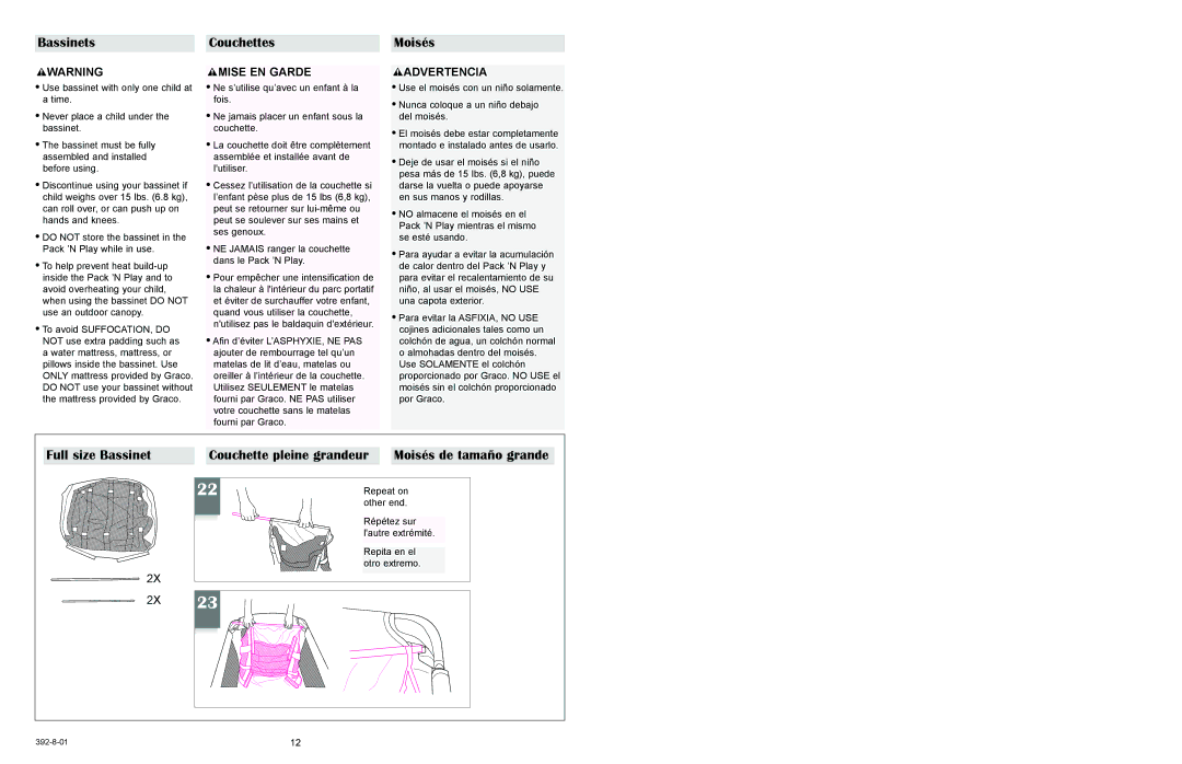 Graco 9400, 9500 owner manual Bassinets Couchettes Moisés, Full size Bassinet Couchette pleine grandeur 