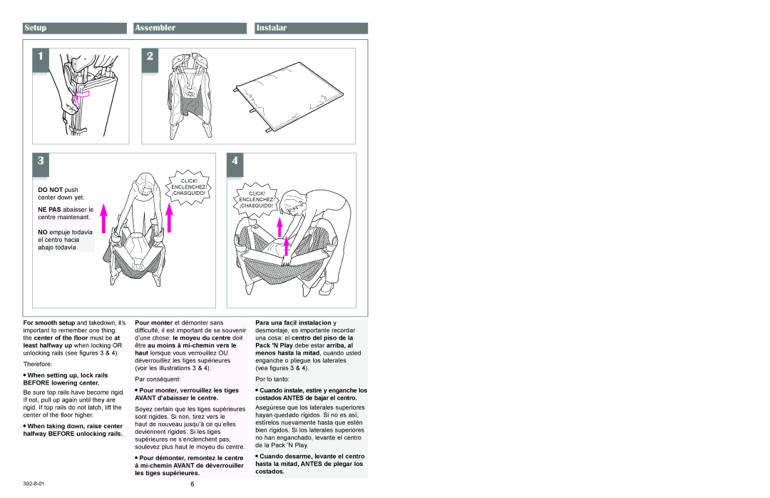 Graco 9400, 9500 owner manual Setup Assembler Instalar, Do not push,  When setting up, lock rails Before lowering center 