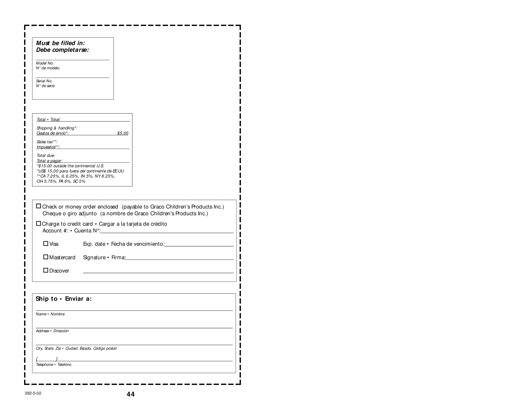 Graco 9415 manual Must be filled Debe completarse 